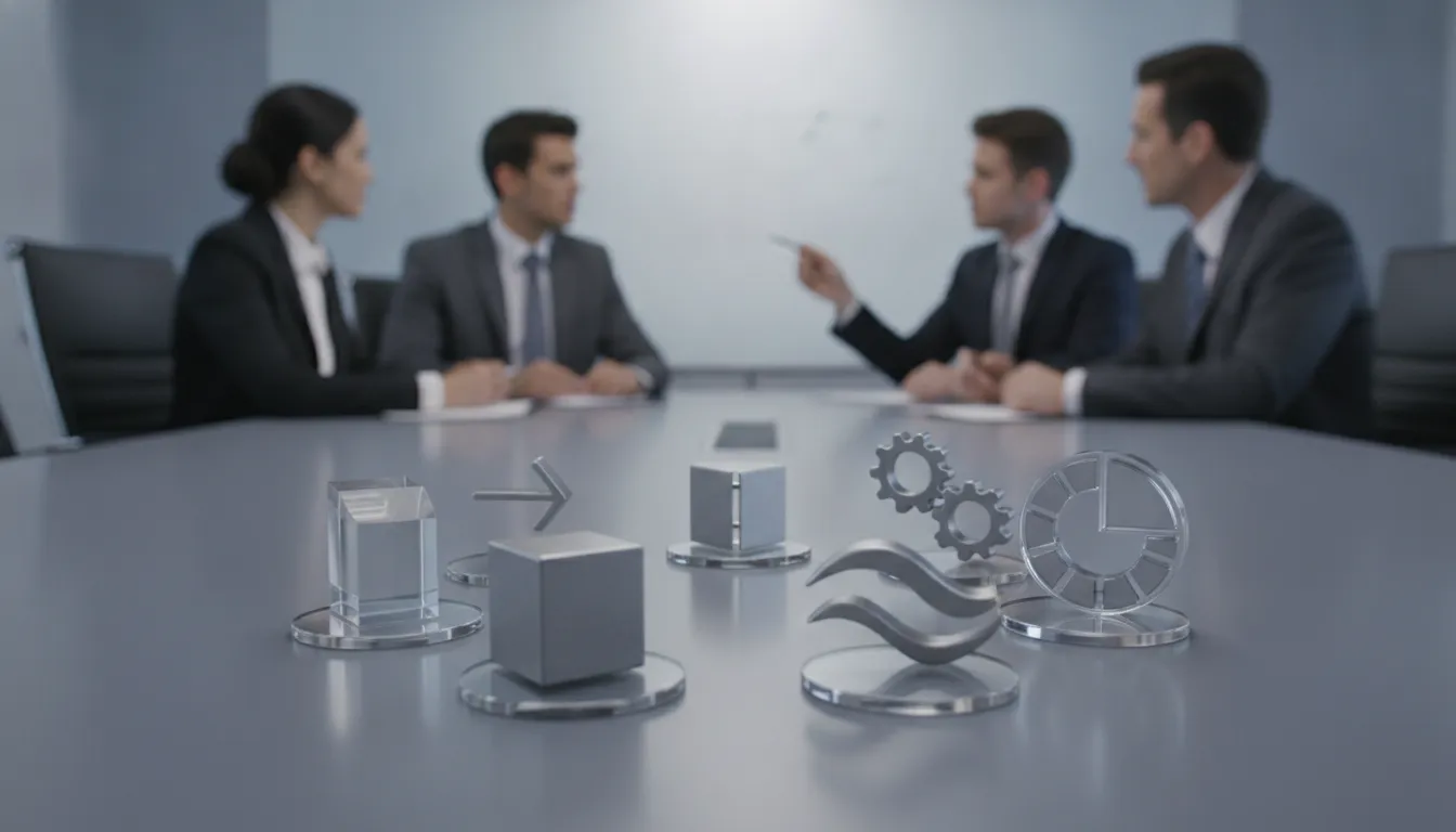 Business team meeting with 3D icons representing the 7 C's of communication.