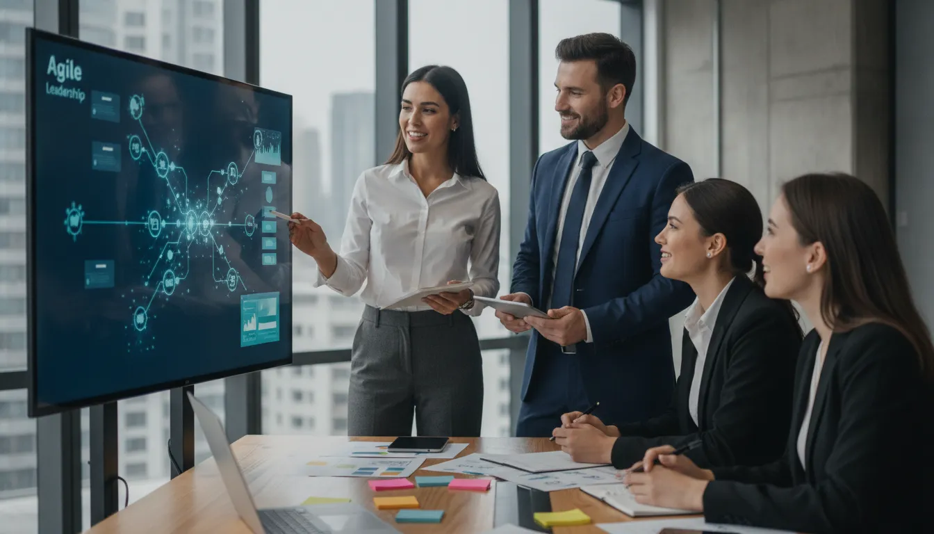 Business team discussing agile leadership training strategies at a digital screen.