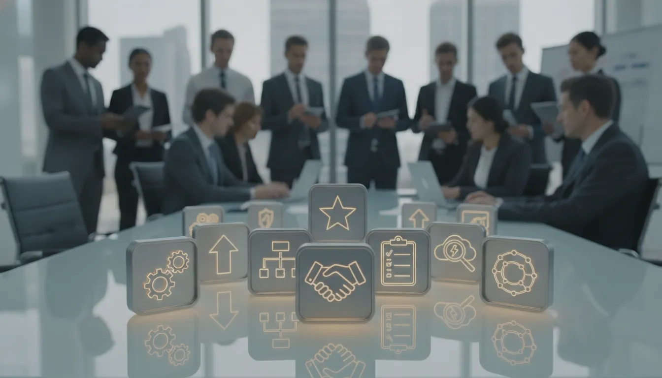 Business team discussing management styles with icons for different management approaches.