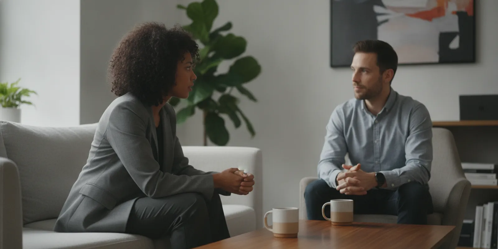 A leader listens attentively to a team member during a one-on-one conversation