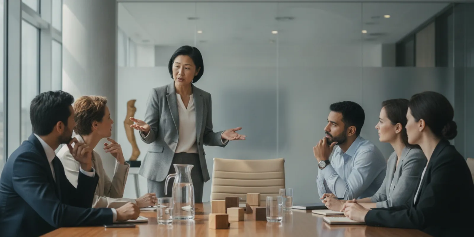 A leader speaking with a small team gathered around a table during a planning conversation