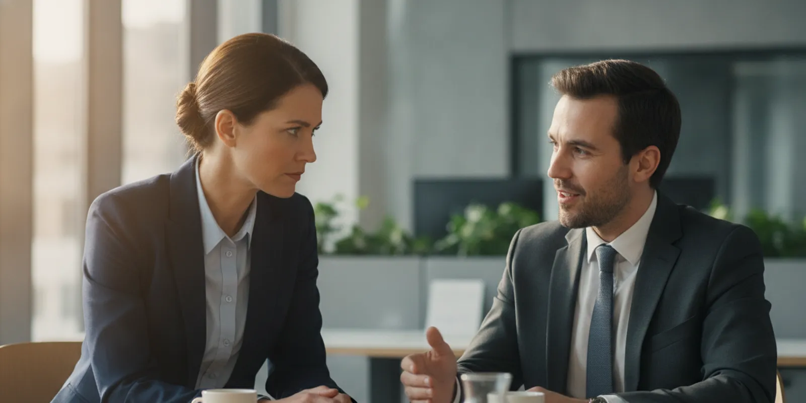 A leader listening attentively to a colleague during a one-on-one workplace conversation