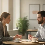 A manager and employee having a focused, respectful feedback conversation at a table