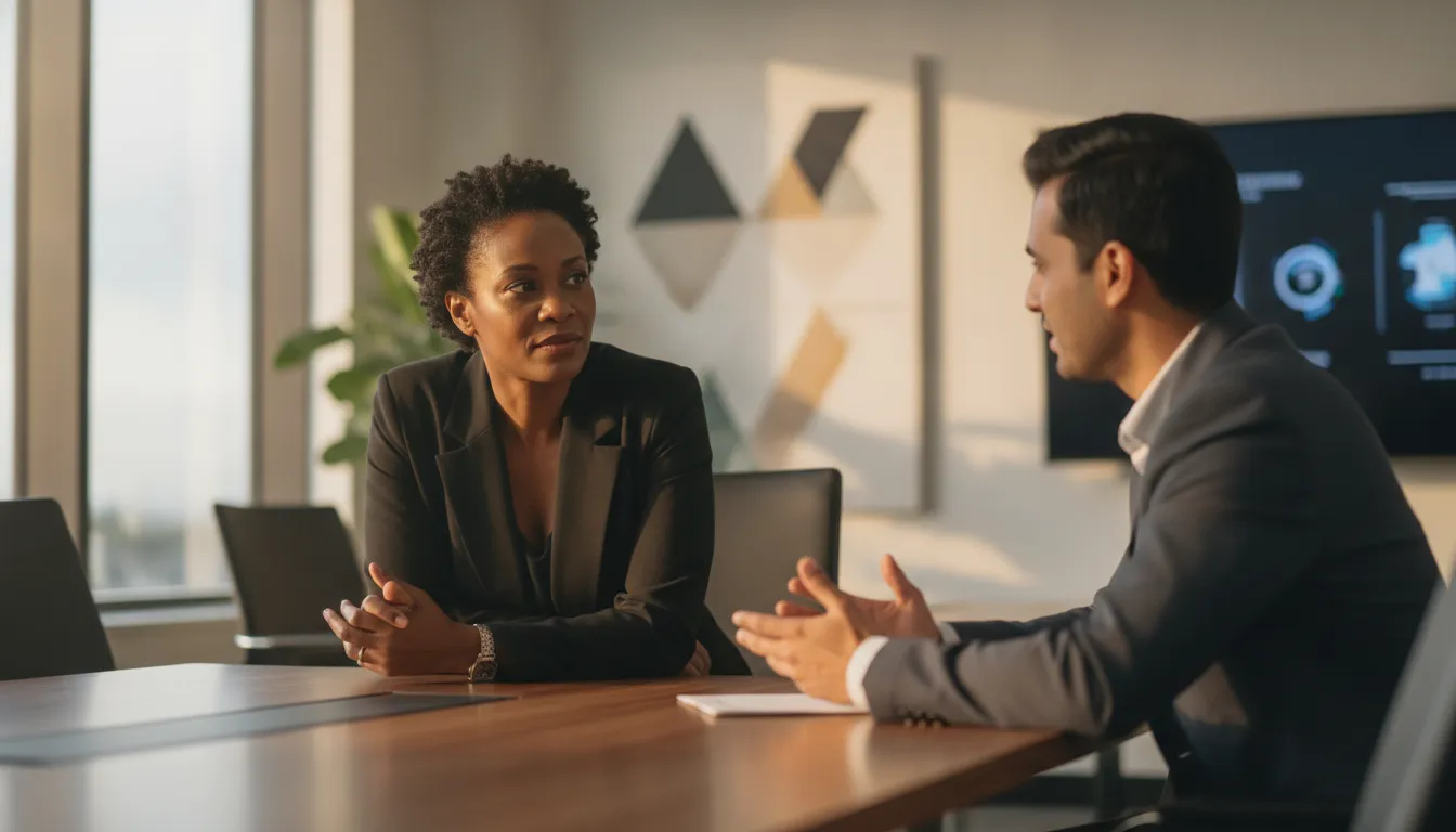 Leaders practicing attentive interpersonal communication in a workplace conversation