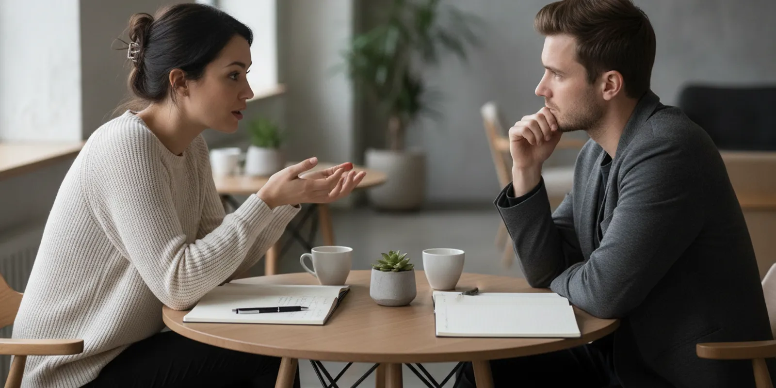 Two colleagues in a focused workplace mentoring conversation at a table